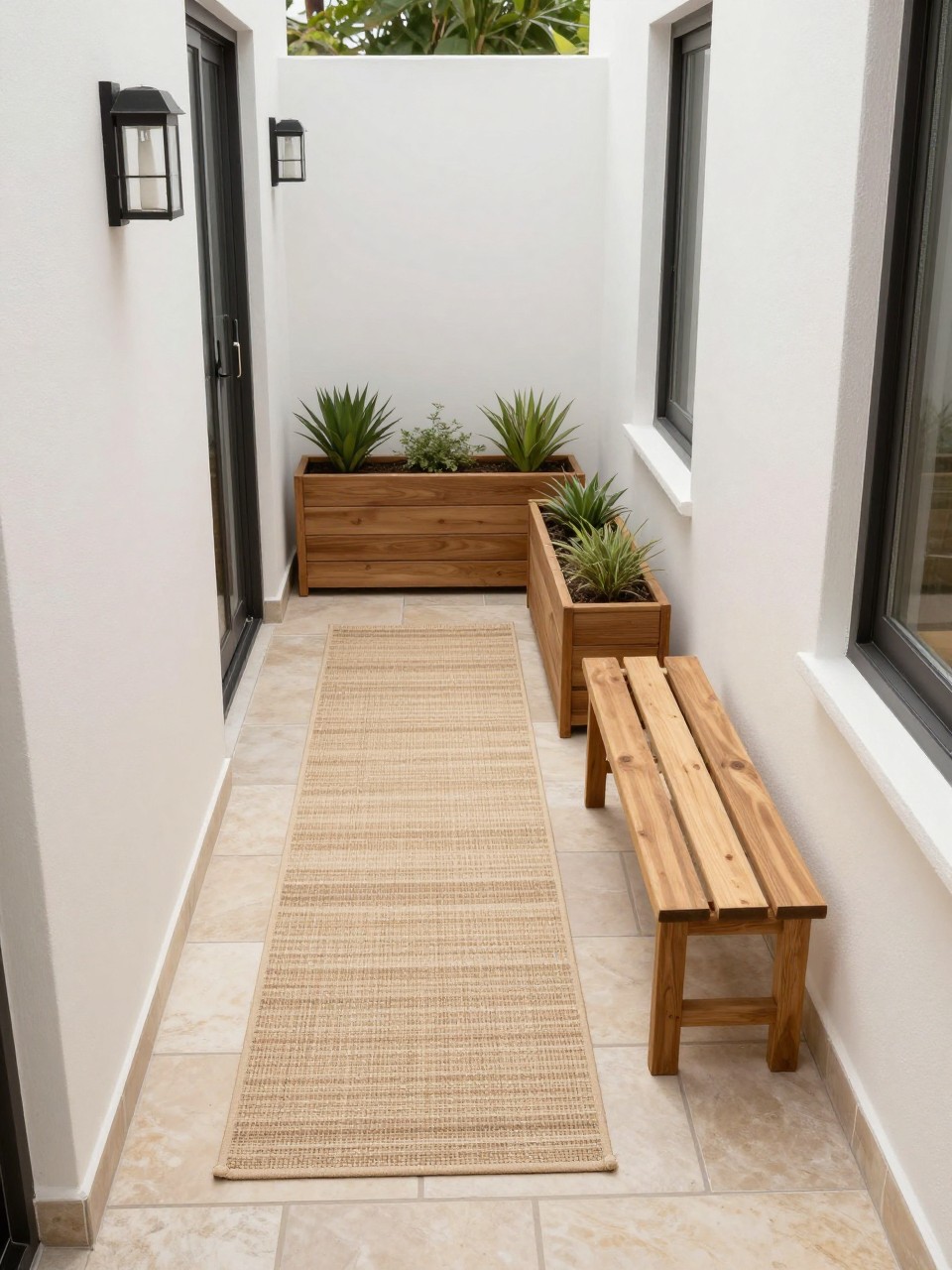 Image Prompt: A narrow side patio with a long outdoor rug runner, slim wooden bench, small side table, long planter boxes, wall lanterns, light stone floor, clean and cozy small-space outdoor design, no people, realistic DSLR photo, no text, no watermarks on images.
