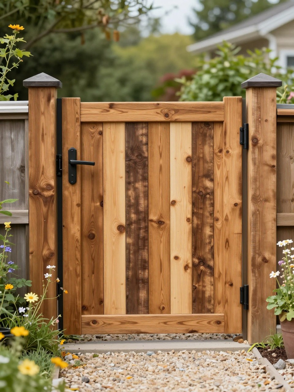 Image Prompt: A unique backyard gate made from reclaimed wood planks in mixed natural tones, simple black hardware, gravel path, wildflower border, rustic creative garden design, warm and handmade outdoor feel, realistic DSLR photo quality, no people, no watermarks on images.
