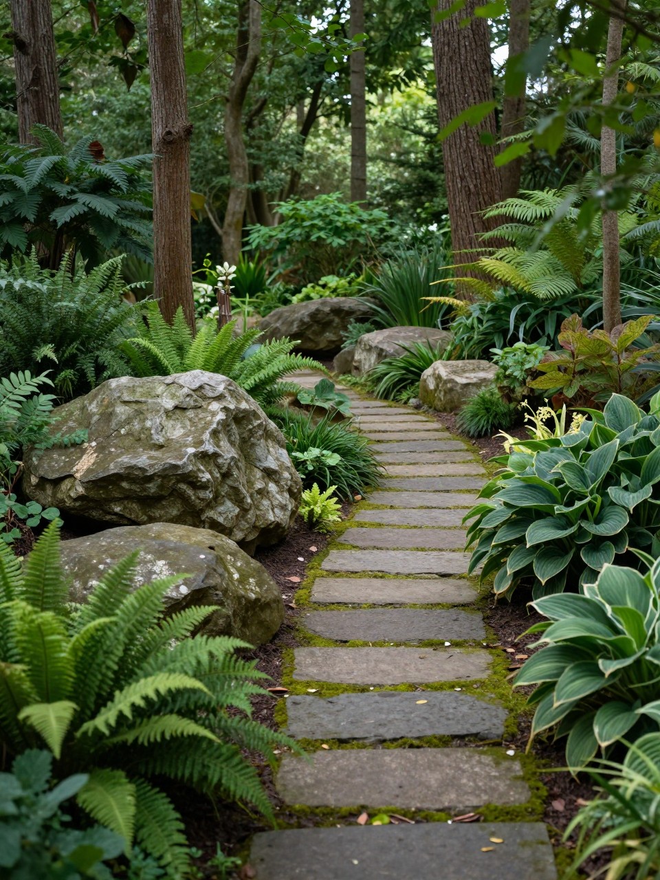 Image Prompt: A shady woodland garden path with large boulder accents, ferns, hostas, moss, stepping stones, tall trees, soft filtered light, peaceful natural backyard landscape, realistic DSLR photo quality, no people, no watermarks on images.