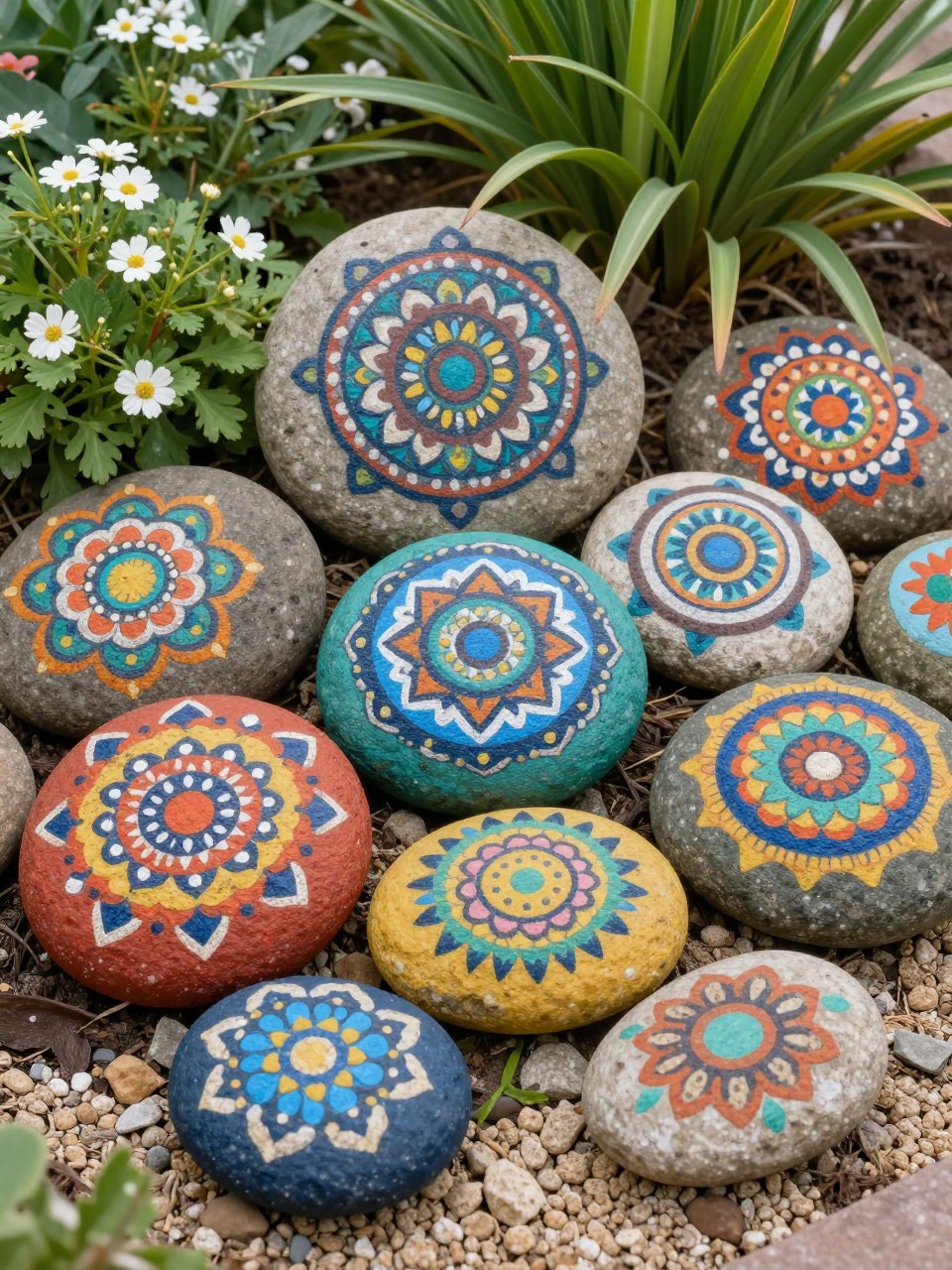 Image Prompt: A colorful garden rock art display with smooth stones painted in detailed mandala patterns, rich but tasteful colors, arranged around a small flower bed, green plants, soft gravel, creative and elegant outdoor styling, realistic DSLR photo quality, no people, no watermarks on images.