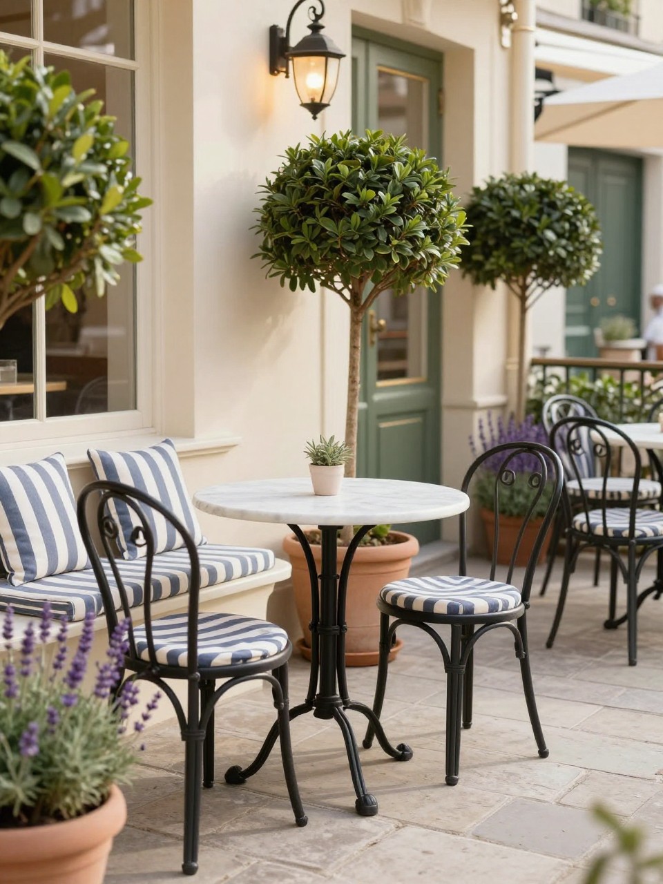 Image Prompt: A stylish European patio inspired by a French bistro, small round marble-top table with black wrought iron chairs, pale stone paver floor, potted lavender and boxwood plants, soft cream exterior wall, striped outdoor cushions, warm morning light, charming Parisian courtyard mood, no people, realistic DSLR photo, editorial home and garden style, high detail, no text, no watermarks on images.