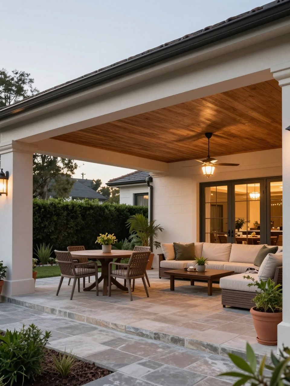Image Prompt: A large covered patio roof attached to the house, divided into two outdoor zones with a dining table on one side and cushioned lounge seating on the other, warm wood ceiling, stone paver floor, pendant lights, potted greenery, elegant backyard living design, no people, realistic DSLR editorial photo, no text, no watermarks on images.