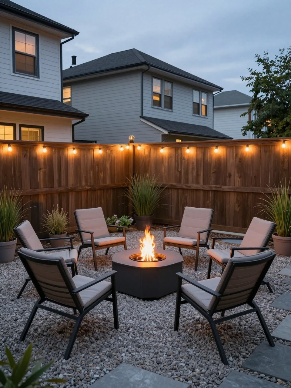 Image Prompt: A cozy townhome backyard patio with a small modern fire pit, four compact outdoor chairs, gravel or stone flooring, privacy fencing, potted grasses, warm string lights, intimate evening backyard design, realistic DSLR photo quality, no people, no watermarks on images.
