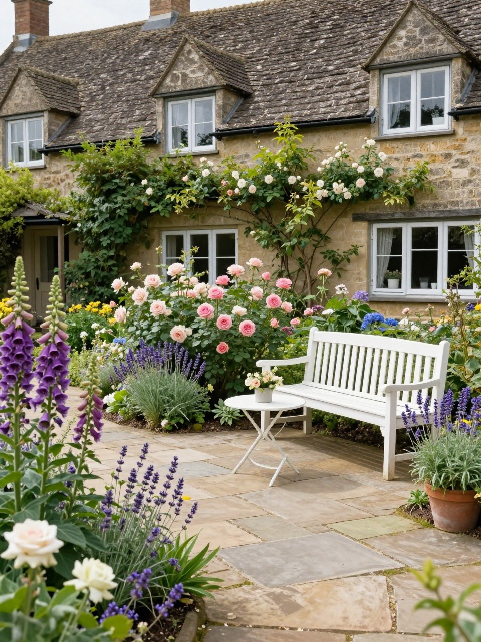 Image Prompt: A romantic English cottage patio with irregular stone pavers, white wooden bench, small tea table, overflowing flower borders with roses, foxgloves, lavender, and soft greenery, climbing plants along a garden wall, bright natural daylight, charming countryside garden feel, no people, realistic DSLR photo, no text, no watermarks on images.