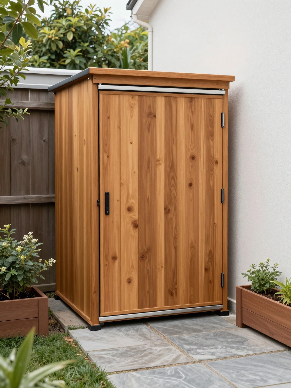 Image Prompt: A narrow backyard side yard storage shed with slim vertical design, warm wood finish, sliding door, stone stepping path, small planters along the wall, smart compact outdoor storage solution, realistic DSLR photo quality, no people, no watermarks on images.