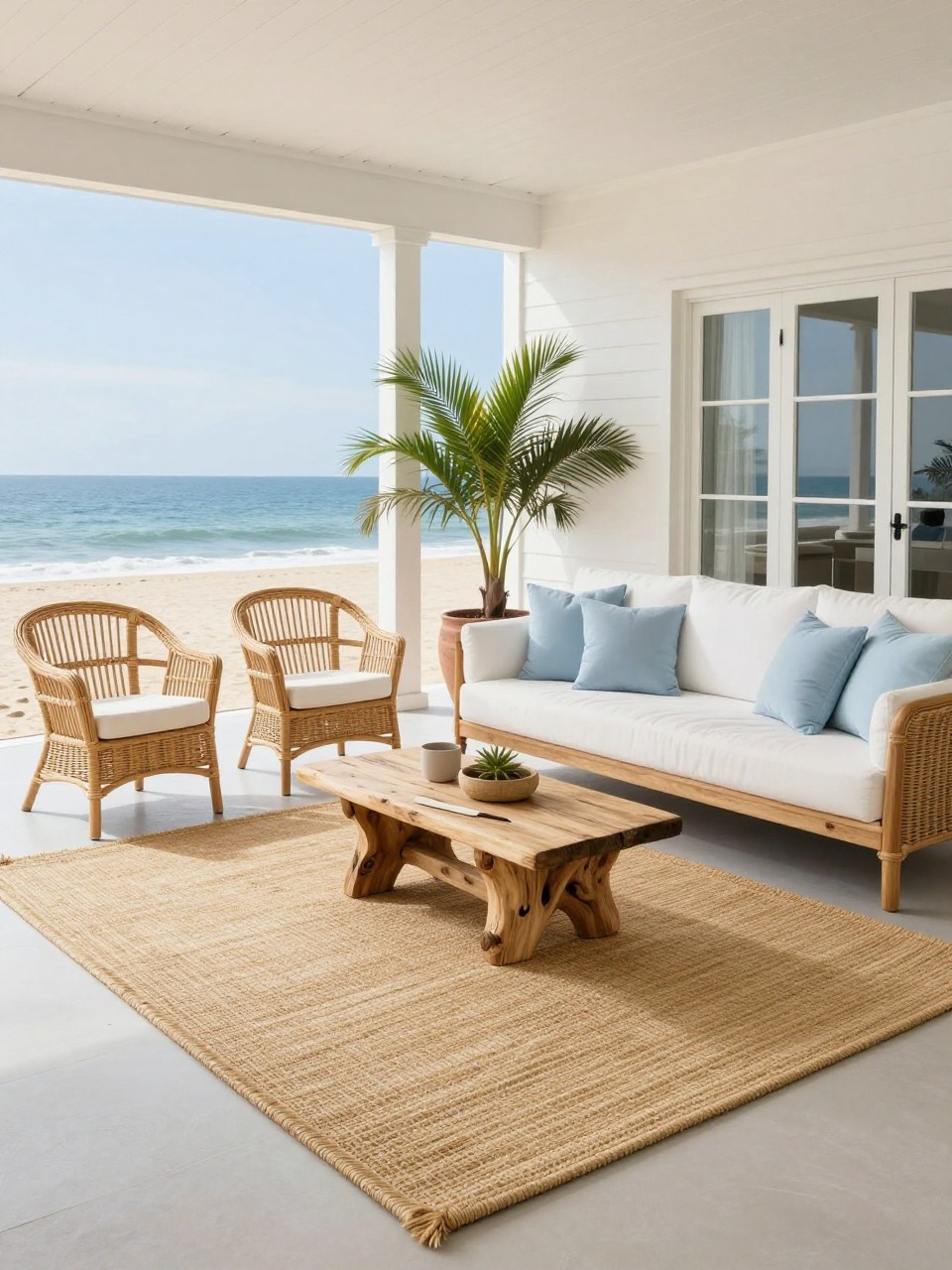 Image Prompt: A beautiful coastal patio with a large seagrass-style outdoor rug, white sofa, rattan chairs, driftwood coffee table, potted palms, soft blue pillows, pale patio floor, clean beach house styling, no people, realistic DSLR photo, no text, (no watermarks on images)