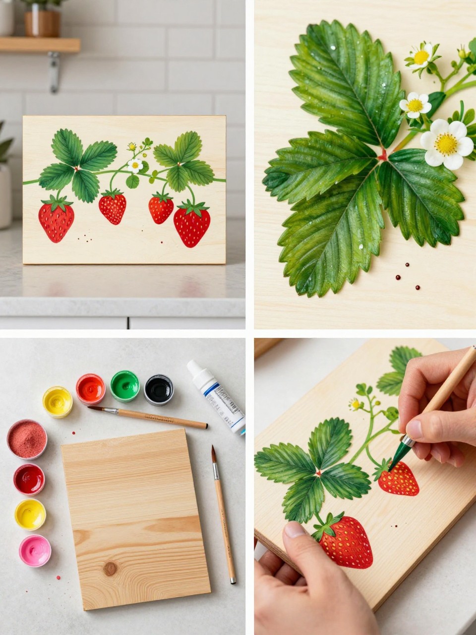 A realistic editorial 2x2 collage grid showing a DIY strawberry patch wooden summer sign, top-left finished wood sign with painted strawberries, green vines, white flowers, and a soft cream background displayed on a kitchen counter, top-right close-up of strawberry seeds, leaves, and tiny blossom details, bottom-left flat lay of wood board, red, green, white, yellow, and pink paint, brushes, pencil, sandpaper, and clear sealer, bottom-right cropped hands painting strawberry leaves on the wooden sign, sweet summer kitchen craft setting, no faces, no text, no watermark on images.