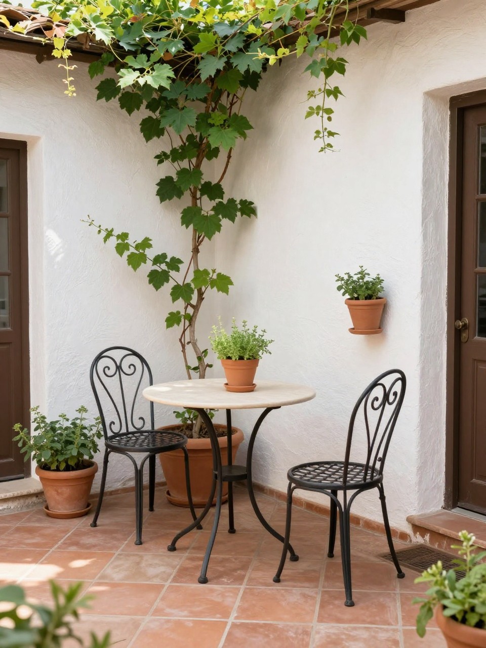 Image Prompt: A cozy small Italian-style patio with a round bistro table and two wrought iron chairs, terracotta tile floor, potted herbs, white stucco walls, climbing vine, soft natural morning light, charming European outdoor nook, no people, realistic DSLR photo, no text, no watermarks on images.