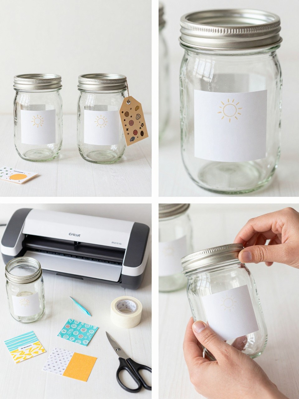 A realistic editorial 2x2 collage grid showing Cricut summer camp memory jar labels, top-left finished mason jars with vinyl labels, tiny sun icons, stars, and cardstock tags for collecting shells, notes, and small keepsakes, top-right close-up of vinyl details on glass jar surface, bottom-left flat lay of mason jars, permanent vinyl, transfer tape, cardstock tags, Cricut machine, scraper, weeding tool, ribbon, and scissors, bottom-right cropped hands applying vinyl to a glass jar, nostalgic summer craft setting, no faces, no text except simple jar labels, no watermark on images.
