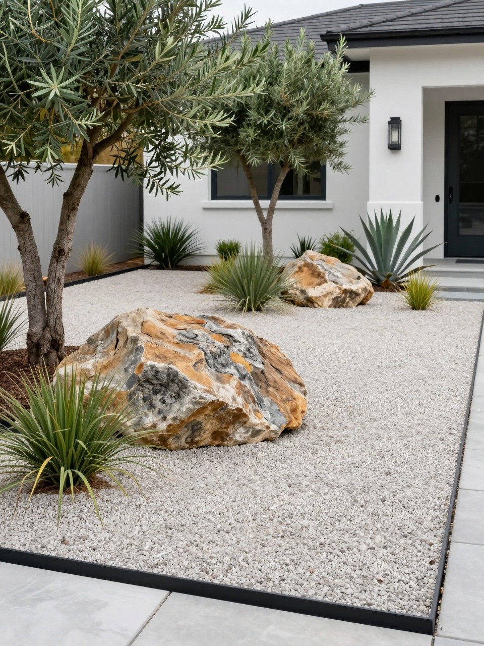 Image Prompt: A modern front yard gravel garden with sculptural large boulders, pale gravel, olive trees, agave, ornamental grasses, black metal edging, clean home exterior, premium contemporary landscaping, realistic DSLR photo quality, no people, no watermarks on images.