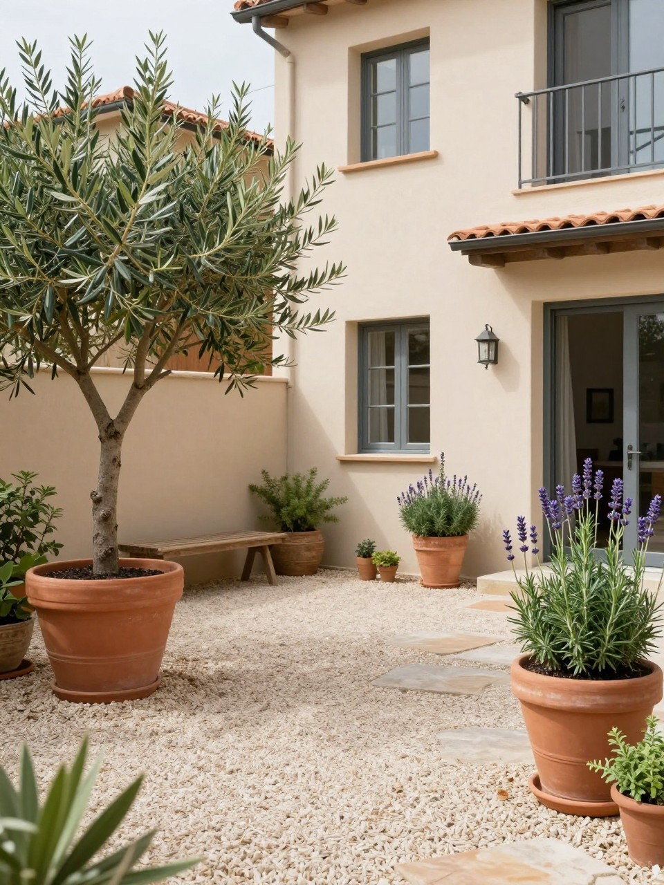 Image Prompt: A beautiful townhome backyard courtyard with pale gravel ground, large terracotta and stone planters, olive tree, lavender, rosemary, small outdoor bench, warm neutral walls, Mediterranean-inspired compact garden styling, realistic DSLR photo quality, no people, no watermarks on images.