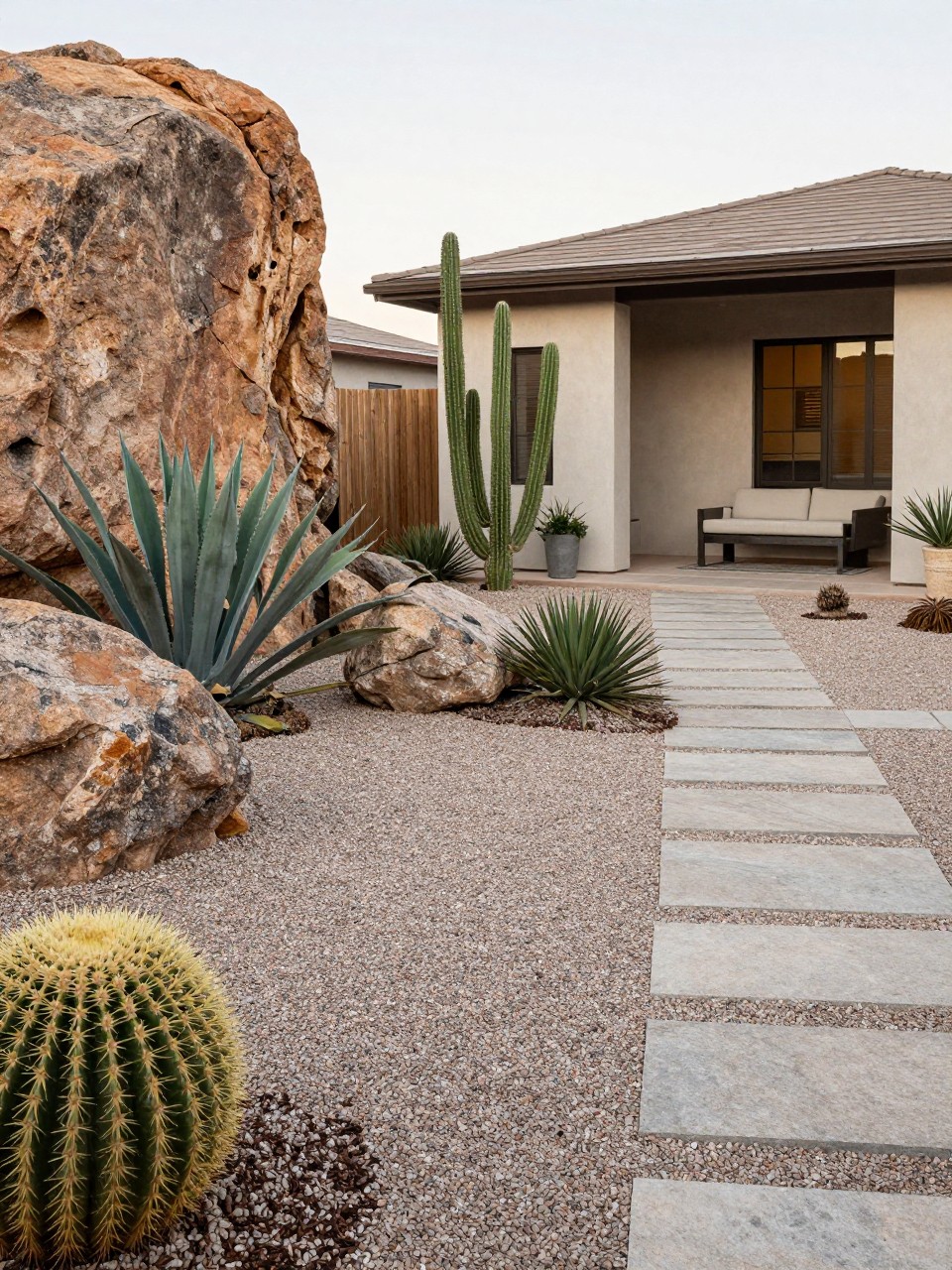 Image Prompt: A stylish desert-style no grass backyard with decomposed granite, large boulders, agave, cactus, yucca, gravel paths, modern seating area, warm neutral home exterior, premium drought-tolerant landscape design, realistic DSLR photo quality, no people, no watermarks on images.