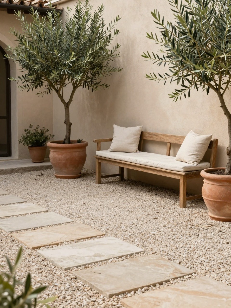 Image Prompt: A calm Italian-inspired patio with light gravel ground, large flat stone pavers, potted olive trees, wooden bench with linen cushions, clay urns, soft neutral tones, warm daylight, no people, realistic DSLR garden photo, no text, no watermarks on images.
