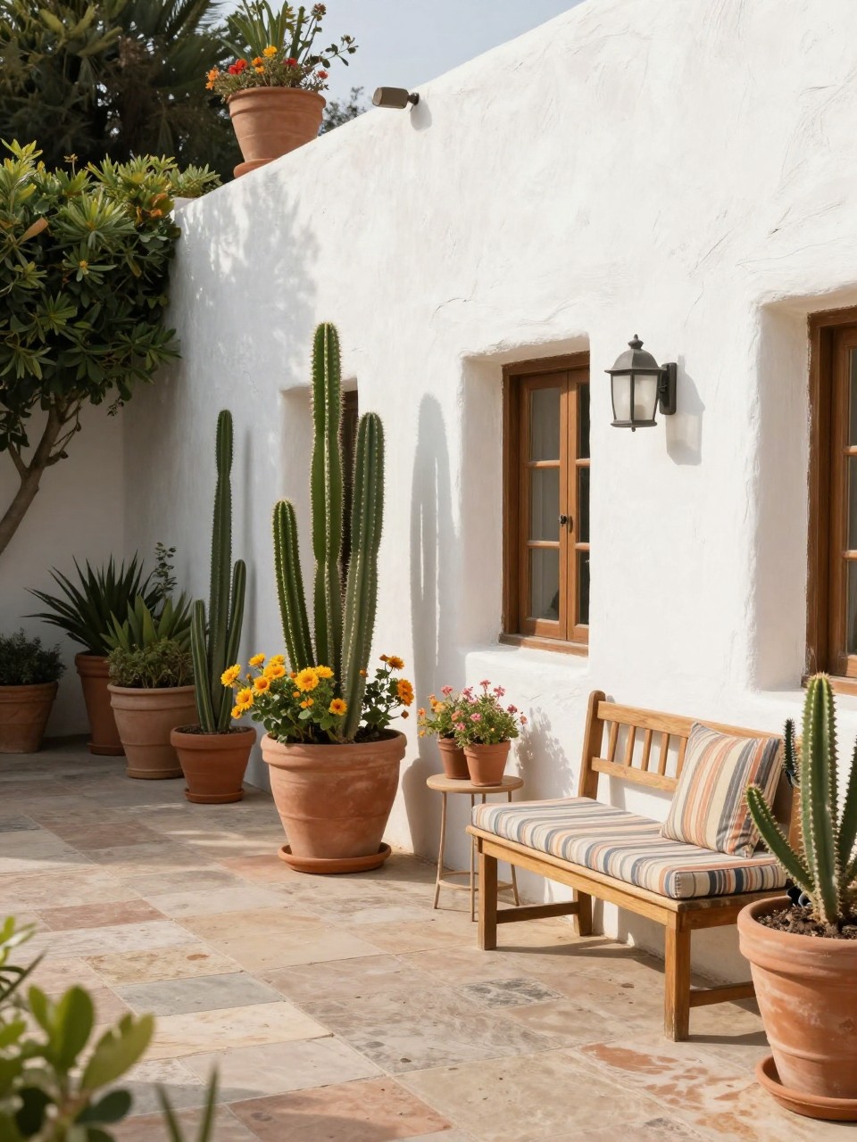 Image Prompt: A lovely Mexican-inspired patio with crisp white stucco walls, rows of large terracotta pots filled with cactus and flowering plants, simple wooden bench with striped cushions, stone floor, warm natural sunlight, relaxed and airy backyard setting, no people, realistic DSLR photo, no text, (no watermarks on images)