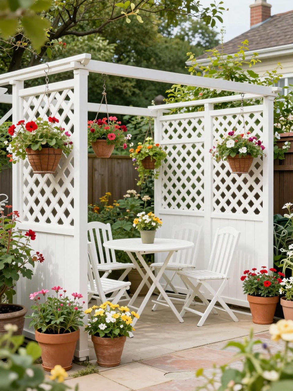 Image Prompt: A lovely garden patio with white lattice privacy screens, hanging flower baskets, potted blooms, small outdoor dining set, charming home garden styling, bright and cheerful outdoor space, realistic DSLR photo quality, no people, no watermarks on images.
