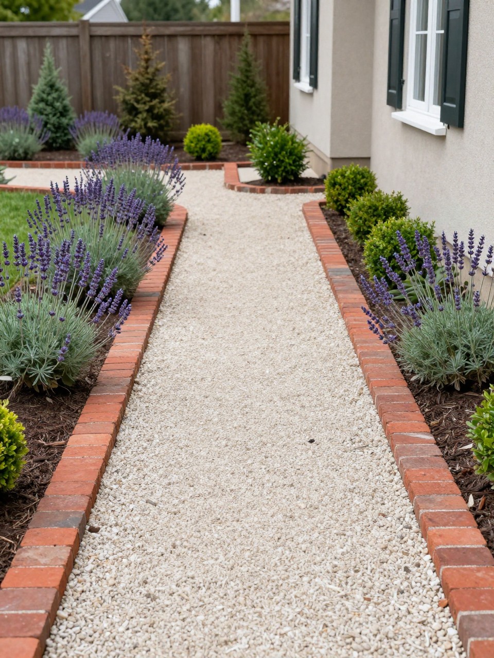 Image Prompt: A stylish side yard pathway with pale gravel and warm red brick edging, narrow planting beds with lavender and small shrubs, classic home exterior, neat and welcoming garden walkway, premium curb appeal styling, realistic DSLR photo quality, no people, no watermarks on images.
