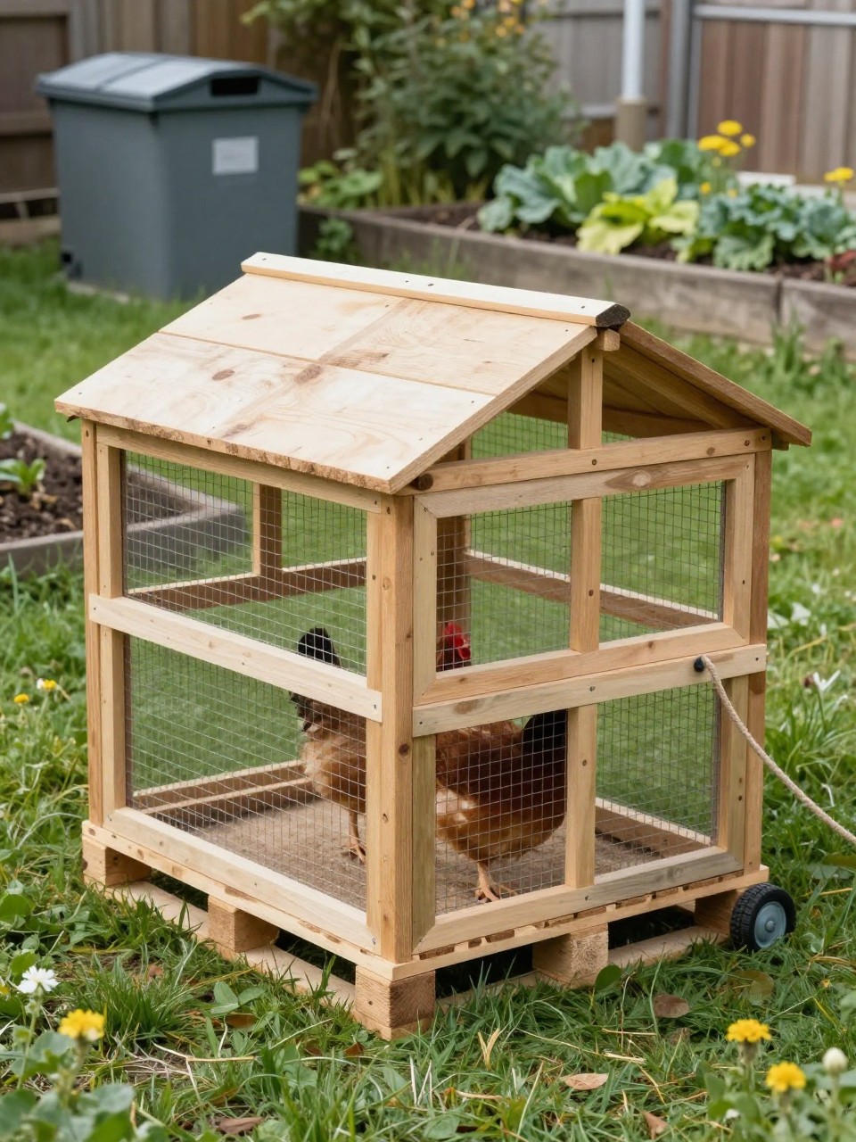 A realistic rustic moveable chicken coop made from reclaimed pallet wood, compact wooden shelter section, wire mesh run, two small wheels, simple rope pull handle, hens inside on green grass, backyard homestead setting with a compost bin, vegetable beds, and wildflowers nearby, budget-friendly handmade DIY look, warm natural light, no people, no text, (no watermarks on images).