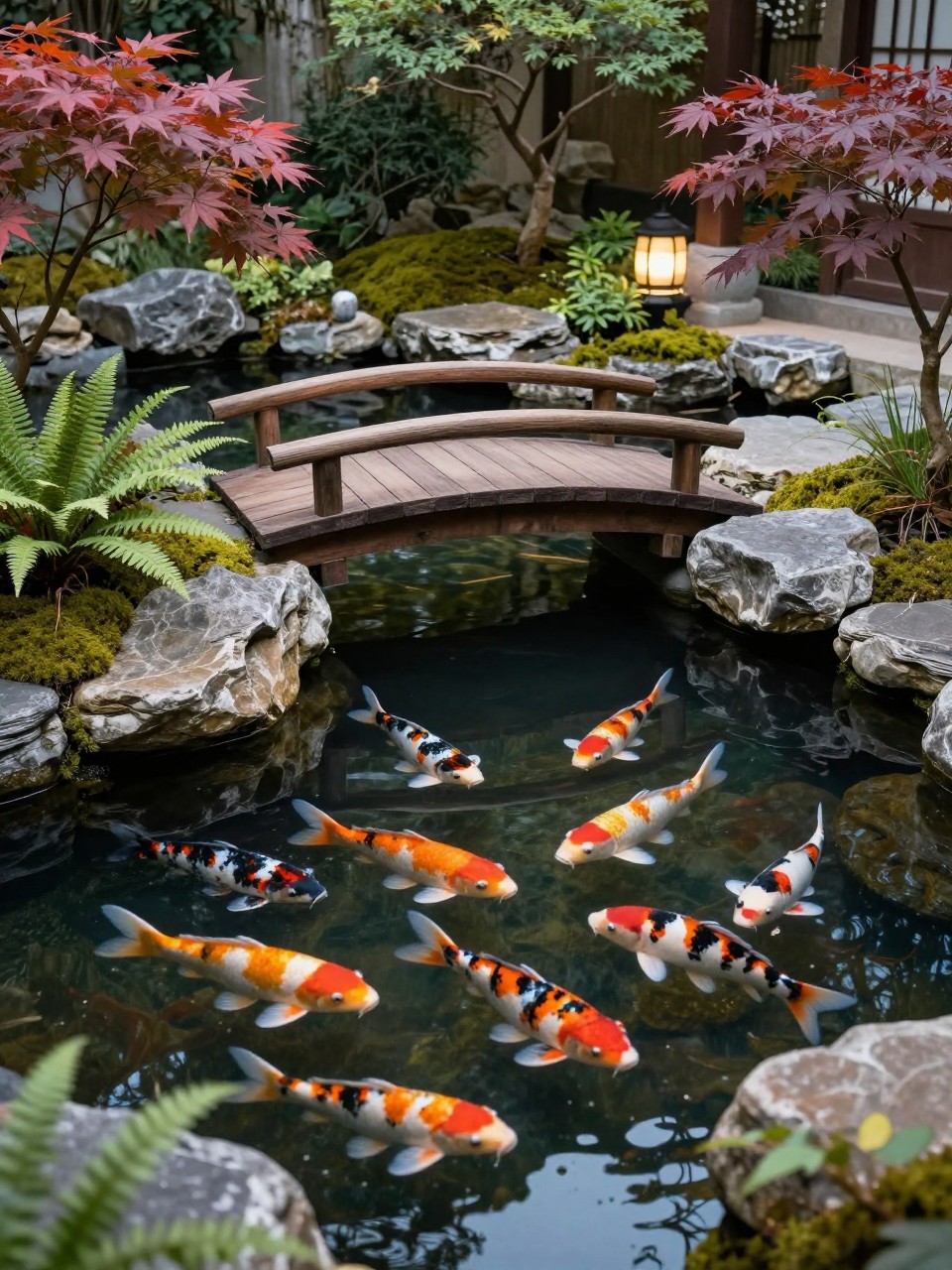 Image Prompt: A stunning garden koi pond with clear water, colorful koi fish, a small curved wooden bridge, natural stones, Japanese maples, ferns, moss, soft garden lighting, elegant Japanese-inspired landscape design, realistic DSLR photo quality, no people, no watermarks on images.
