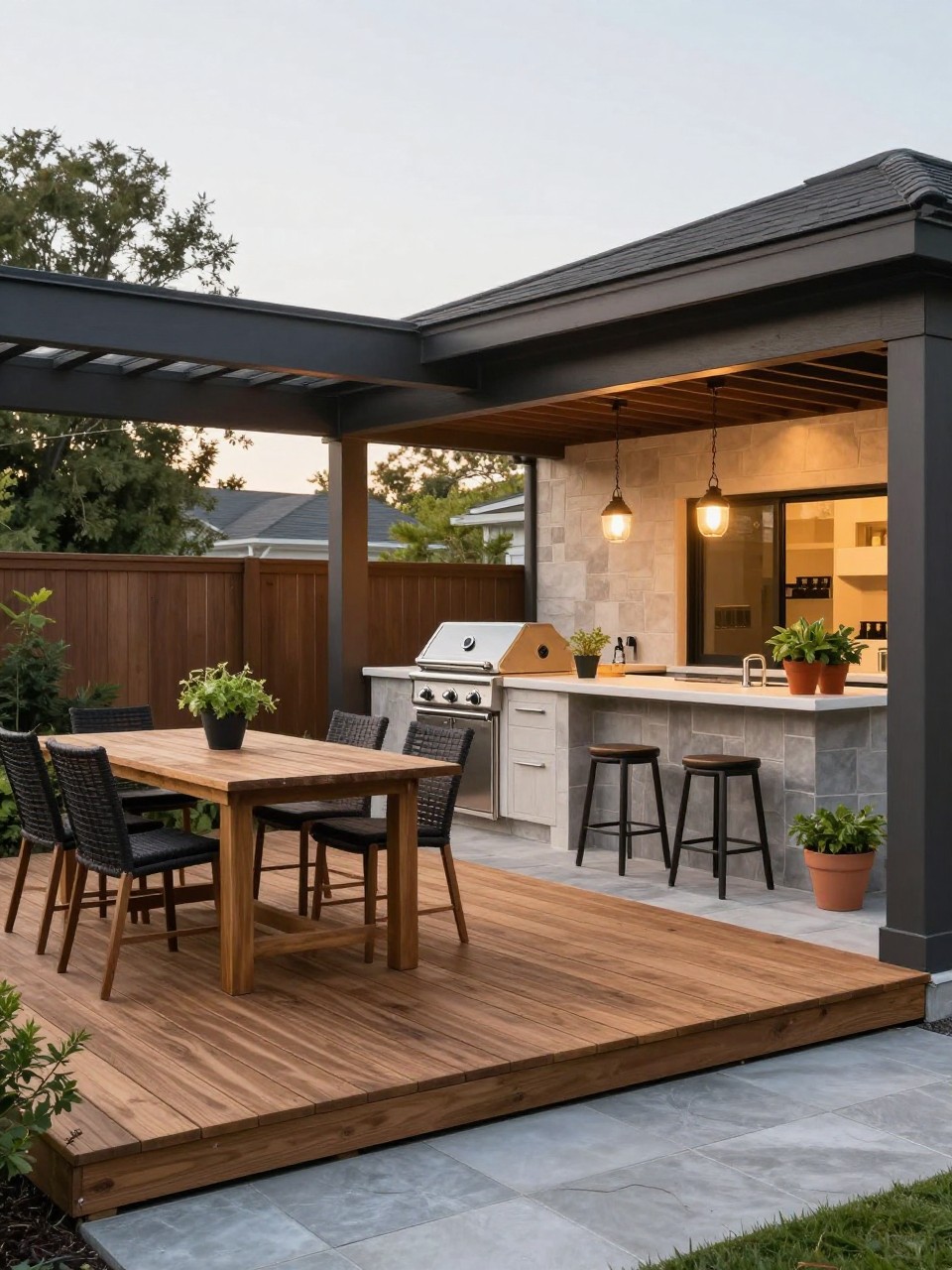 Image Prompt: A polished backyard deck patio combo with a wood deck dining area and a stone patio outdoor kitchen, built-in grill, countertop, bar stools, potted herbs, warm pendant lights, clean outdoor entertaining setup, no people, realistic DSLR image, no text, no watermarks on images.