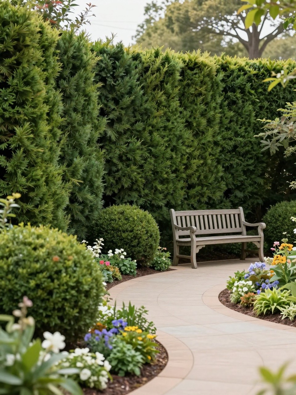 Image Prompt: A lush private garden with a tall living hedge screen, clipped evergreen shrubs, curved pathway, flower borders, elegant garden bench, calm and premium landscape design, soft morning light, realistic DSLR photo quality, no people, no watermarks on images.