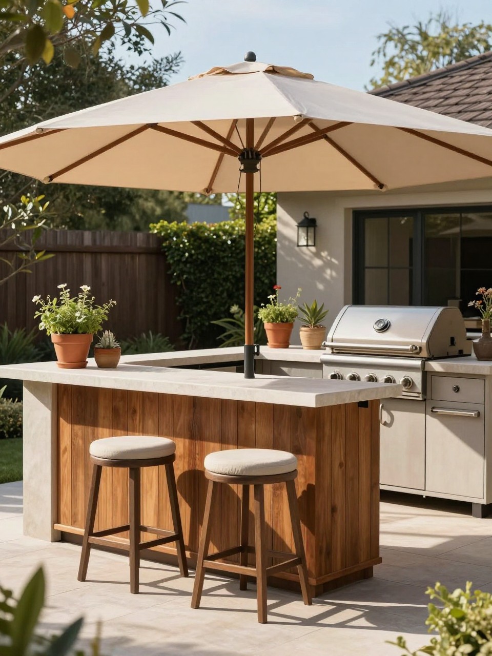 Image Prompt: A stylish outdoor kitchen patio with a large neutral patio umbrella shading a small bar counter and two stools, built-in grill nearby, stone countertop, potted herbs, warm wood accents, sunny backyard entertaining space, no people, realistic DSLR image, no text, no watermarks on images.