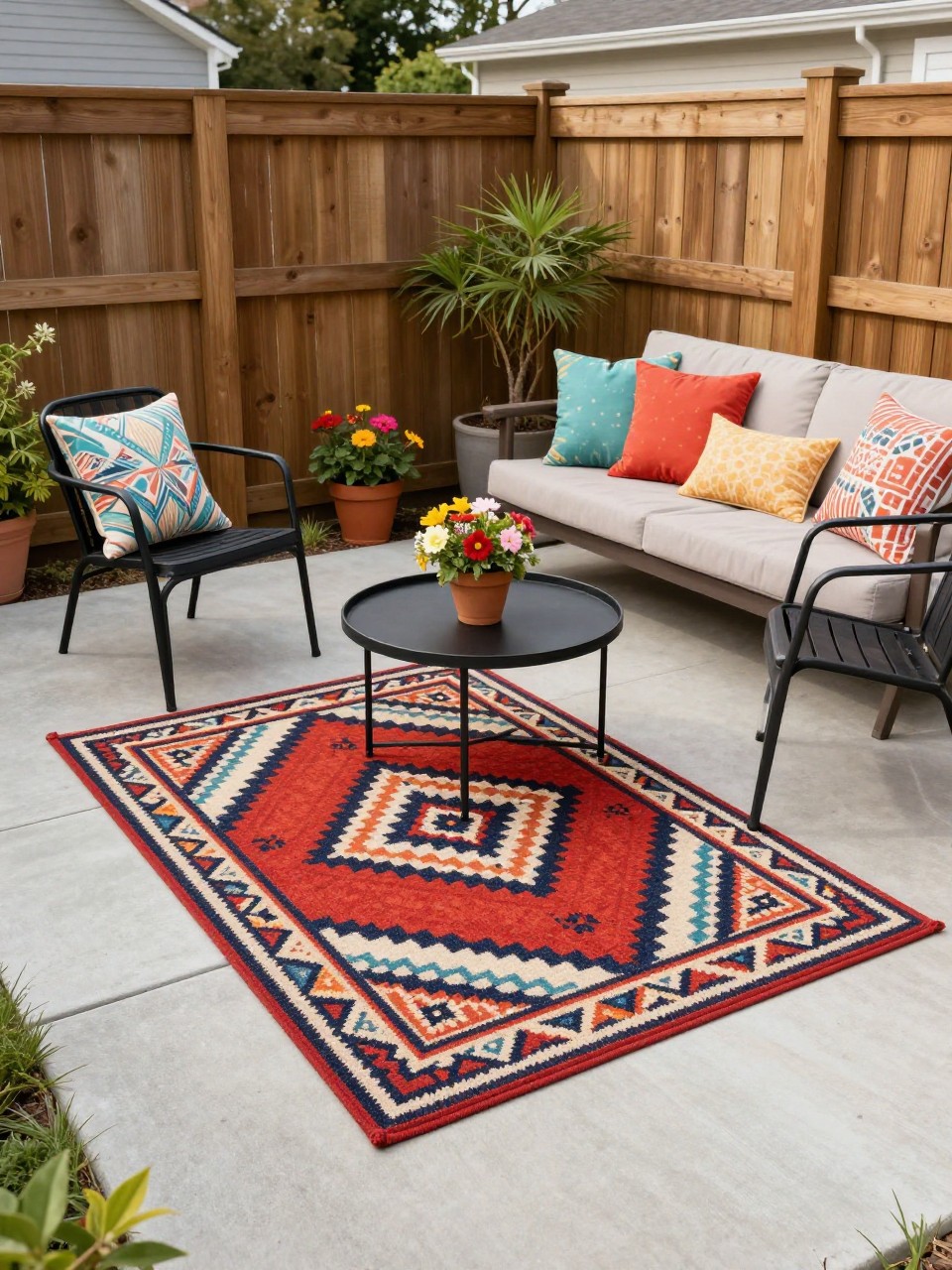 Image Prompt: A plain concrete backyard patio refreshed with a bold patterned outdoor rug, simple black metal chairs, small round coffee table, potted flowers, wood privacy fence, colorful cushions, bright afternoon light, stylish budget-friendly patio makeover, no people, realistic DSLR image, no text, no watermarks on images.