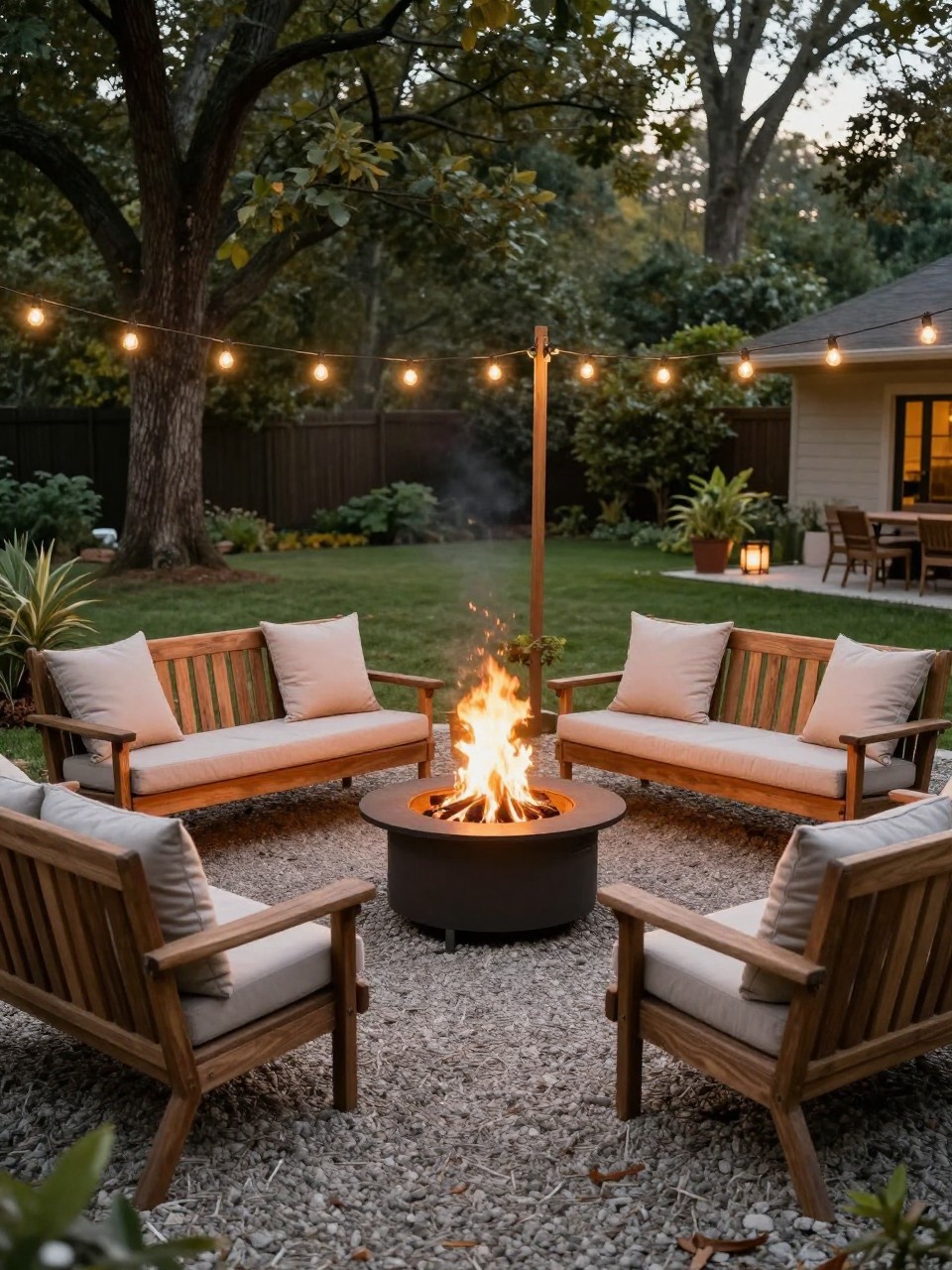 Image Prompt: A cozy backyard fire pit area with several wooden swing benches arranged around a central fire pit, gravel ground, warm string lights, neutral cushions, surrounding trees and soft grasses, rustic premium outdoor gathering space, realistic DSLR photo quality, no people, no watermarks on images.
