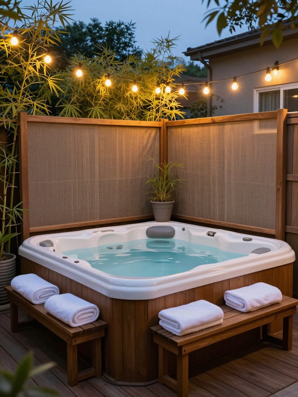 Image Prompt: A cozy backyard hot tub corner with warm string lights overhead, privacy screens, potted bamboo, wooden deck, soft towels on a bench, calm spa-like evening atmosphere, premium outdoor styling, realistic DSLR photo quality, no people, no watermarks on images.