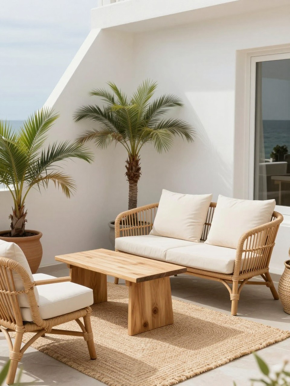 Image Prompt: A lovely coastal patio lounge corner with woven rattan chairs and a matching rattan loveseat, cream cushions, light wood side table, jute-style outdoor rug, white exterior wall, potted palms, soft natural daylight, relaxed and airy seaside-inspired decor, no people, realistic DSLR photo, no text, (no watermarks on images)