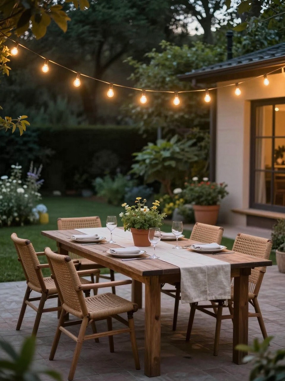 Image Prompt: A beautiful backyard dining patio with warm string lights hanging overhead in straight rows, long wooden outdoor table, woven chairs, simple linen table runner, potted herbs and flowers, lush garden backdrop, cozy evening atmosphere, realistic DSLR photo quality, no people, no watermarks on images.