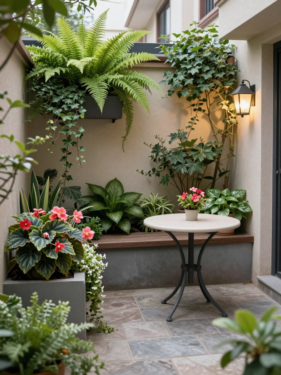Image Prompt: A small shady courtyard garden with wall planters filled with ferns, trailing ivy, begonias, and leafy shade plants, stone floor, small bistro table, soft outdoor lighting, elegant compact garden design, realistic DSLR photo quality, no people, no watermarks on images.