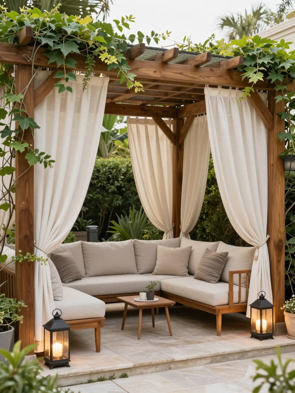 Image Prompt: A luxury garden pergola with flowing outdoor curtains used as soft screening, neutral outdoor sofa, warm wood frame, climbing greenery, lanterns, stone patio, cozy and elegant outdoor room design, realistic DSLR photo quality, no people, no watermarks on images.