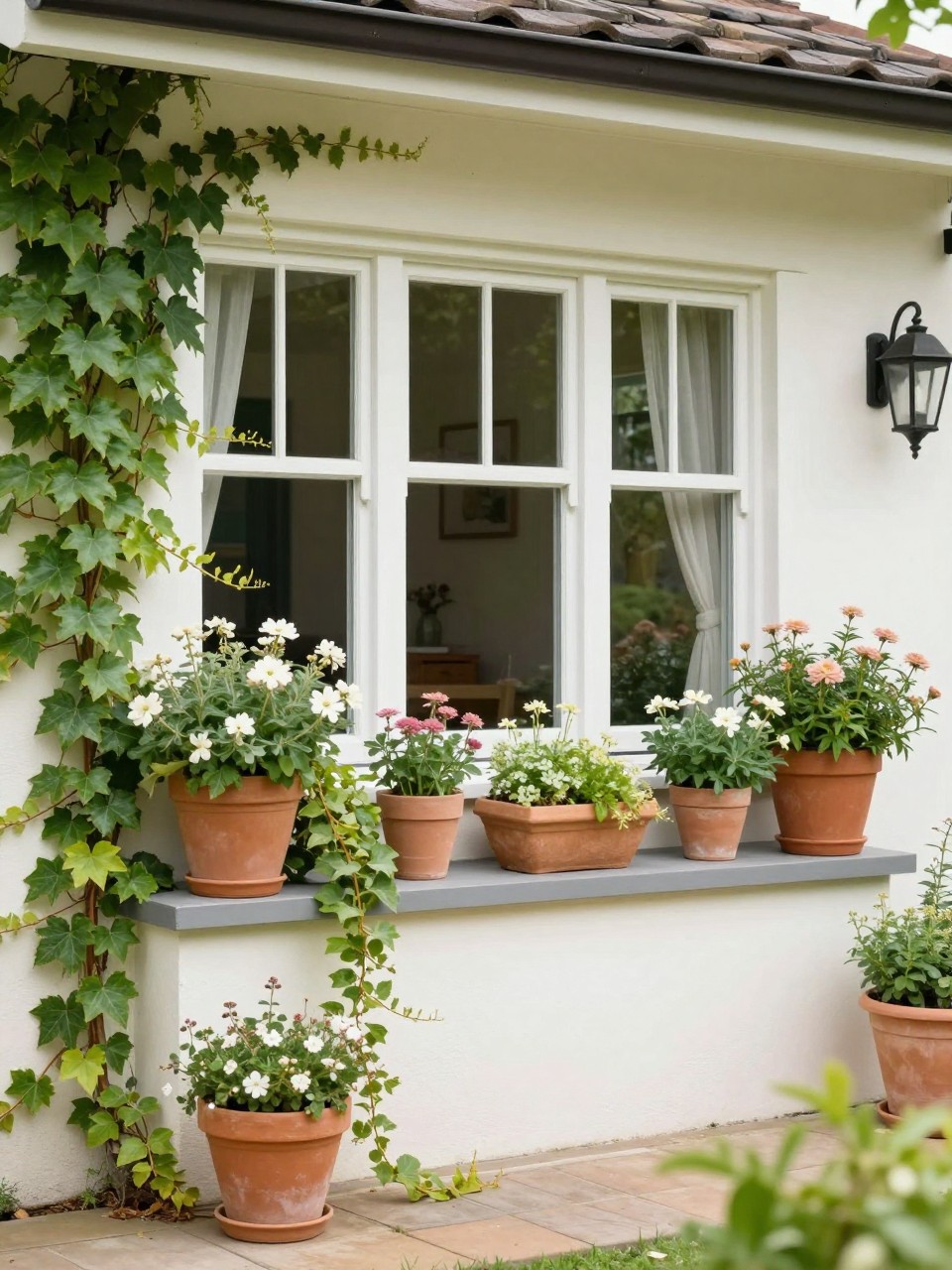 Image Prompt: A charming home exterior with garden pots arranged along a low wall or wide window ledge, trailing ivy and soft flowering plants spilling over, romantic and well-styled outdoor decor, realistic DSLR photo quality, no people, no watermarks on images.