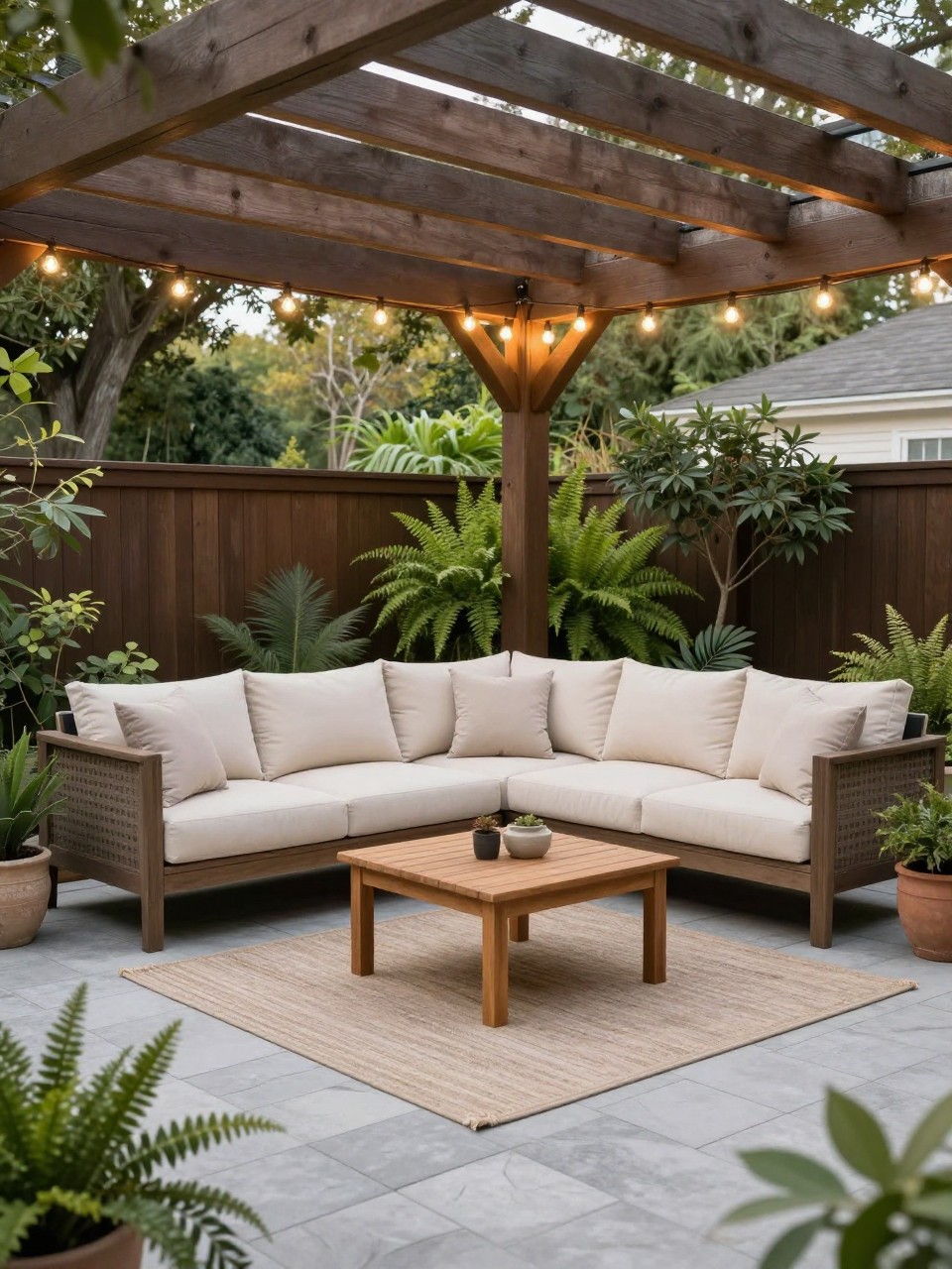 Image Prompt: A cozy under deck patio lounge with a clean paver floor, outdoor sectional sofa with cream cushions, small wooden coffee table, warm string lights attached to the deck beams overhead, potted ferns and greenery around the edges, soft outdoor rug, shaded backyard setting, no people, realistic DSLR photo, editorial home and garden style, high detail, no text, no watermarks on images.