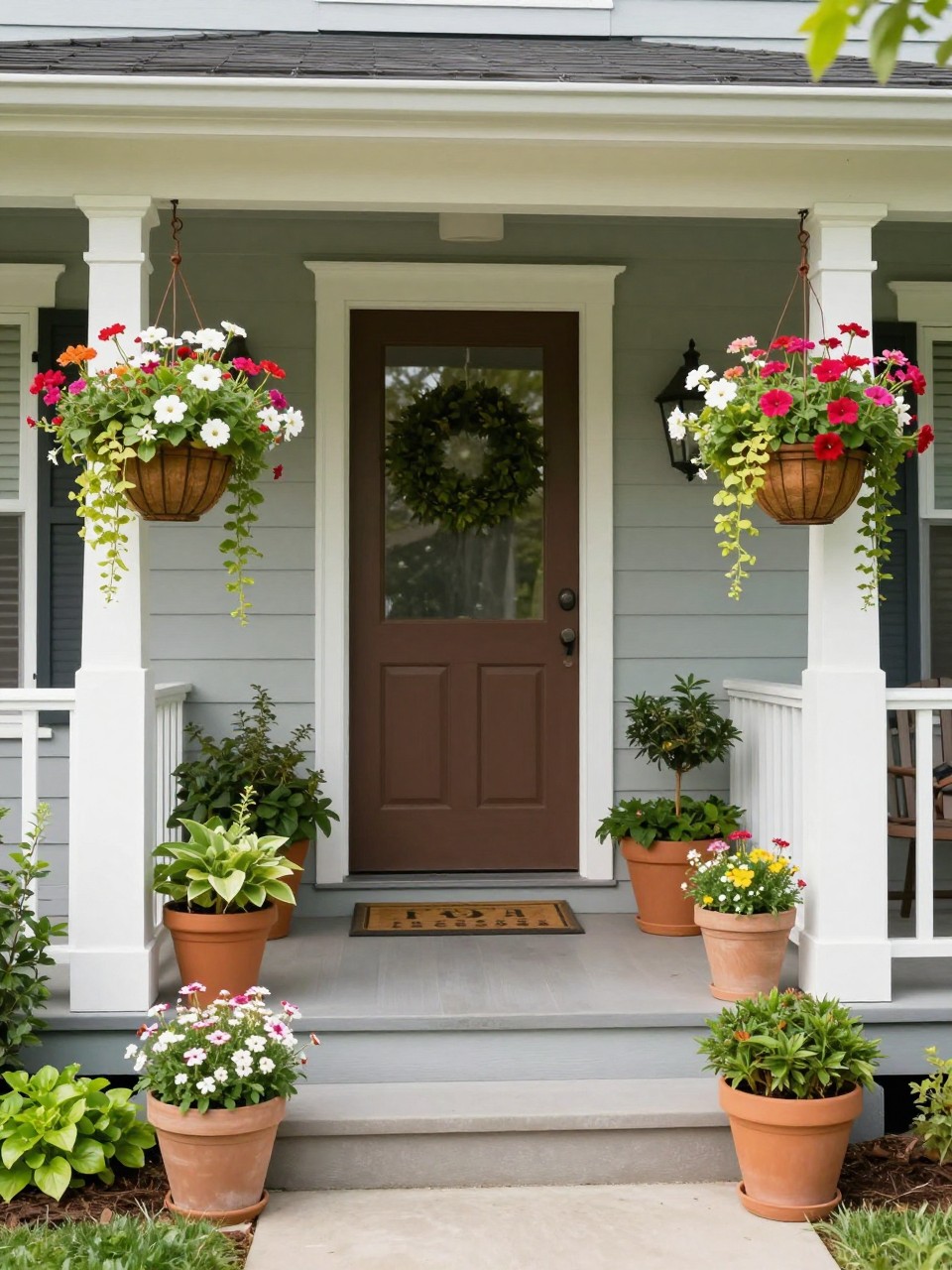 Image Prompt: A small front porch garden with hanging baskets filled with trailing flowers, neat potted plants on the steps, soft greenery, welcoming home entrance, cheerful and polished curb appeal styling, realistic DSLR photo quality, no people, no watermarks on images.
