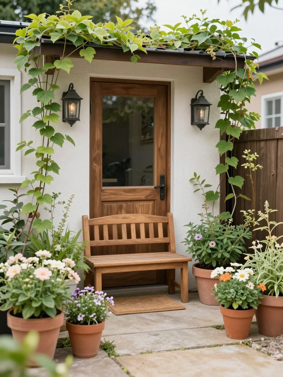 Image Prompt: A tiny front garden with a small wooden bench near the entrance, potted plants grouped around it, soft flowers, leafy greenery, cozy and welcoming curb appeal, charming compact home garden styling, realistic DSLR photo quality, no people, no watermarks on images.