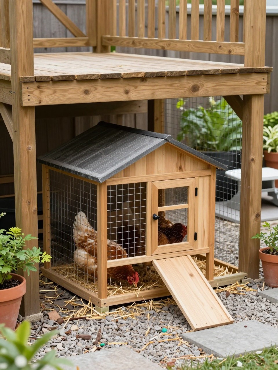 Image Prompt: A clever small chicken coop tucked under a backyard deck, wooden deck above, secure wire run extending from the shaded area, small coop door and ramp, dry gravel base, straw bedding, chickens pecking inside, potted plants and a small patio seating area nearby, practical space-saving backyard design, no people, no text, no watermark.
