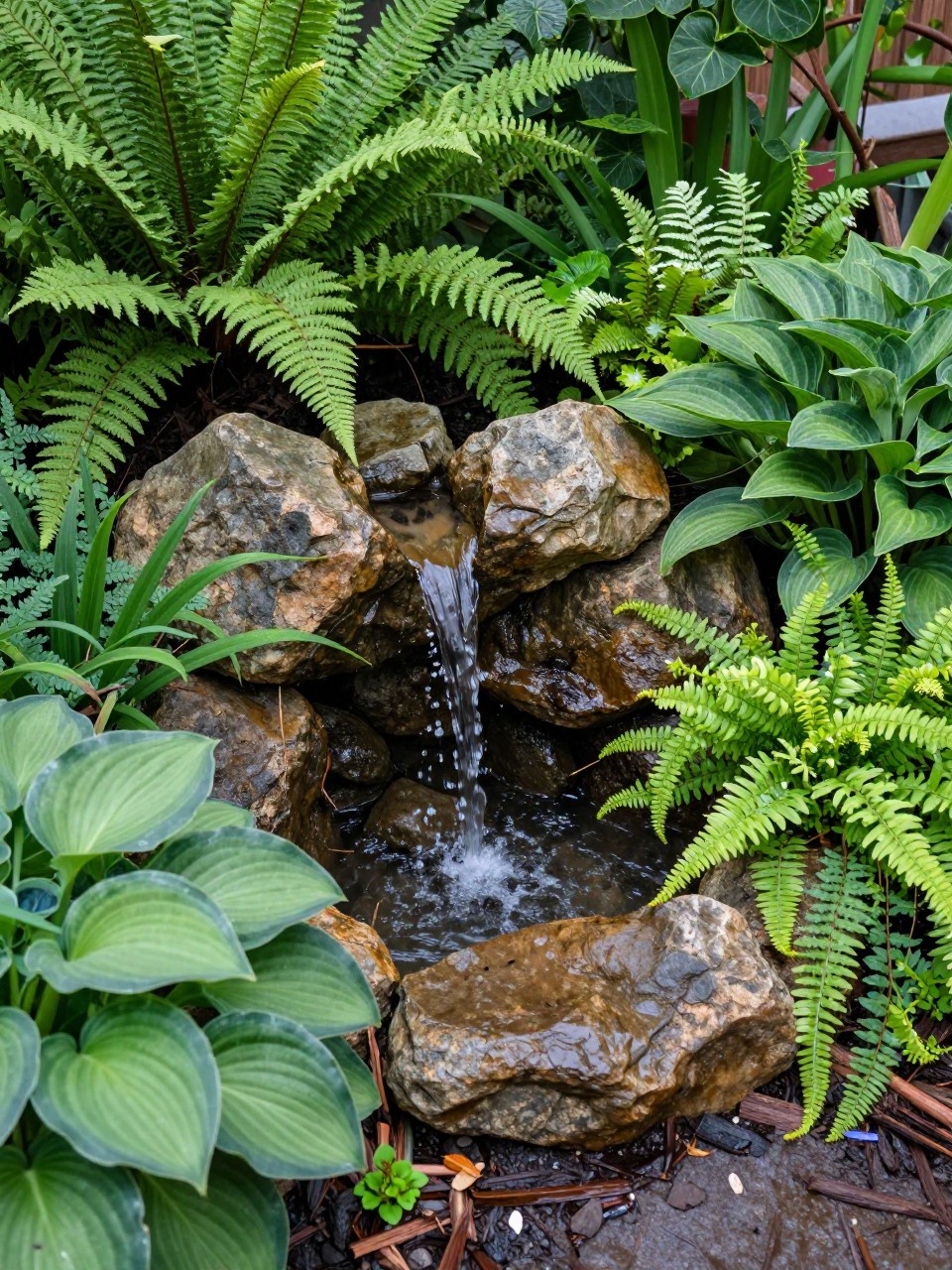 Image Prompt: A lush garden bed with a hidden homemade waterfall, water gently flowing over small rocks between dense plants, ferns, hostas, trailing greenery, natural mulch, secret garden feel, realistic DSLR photo quality, no people, no watermarks on images.