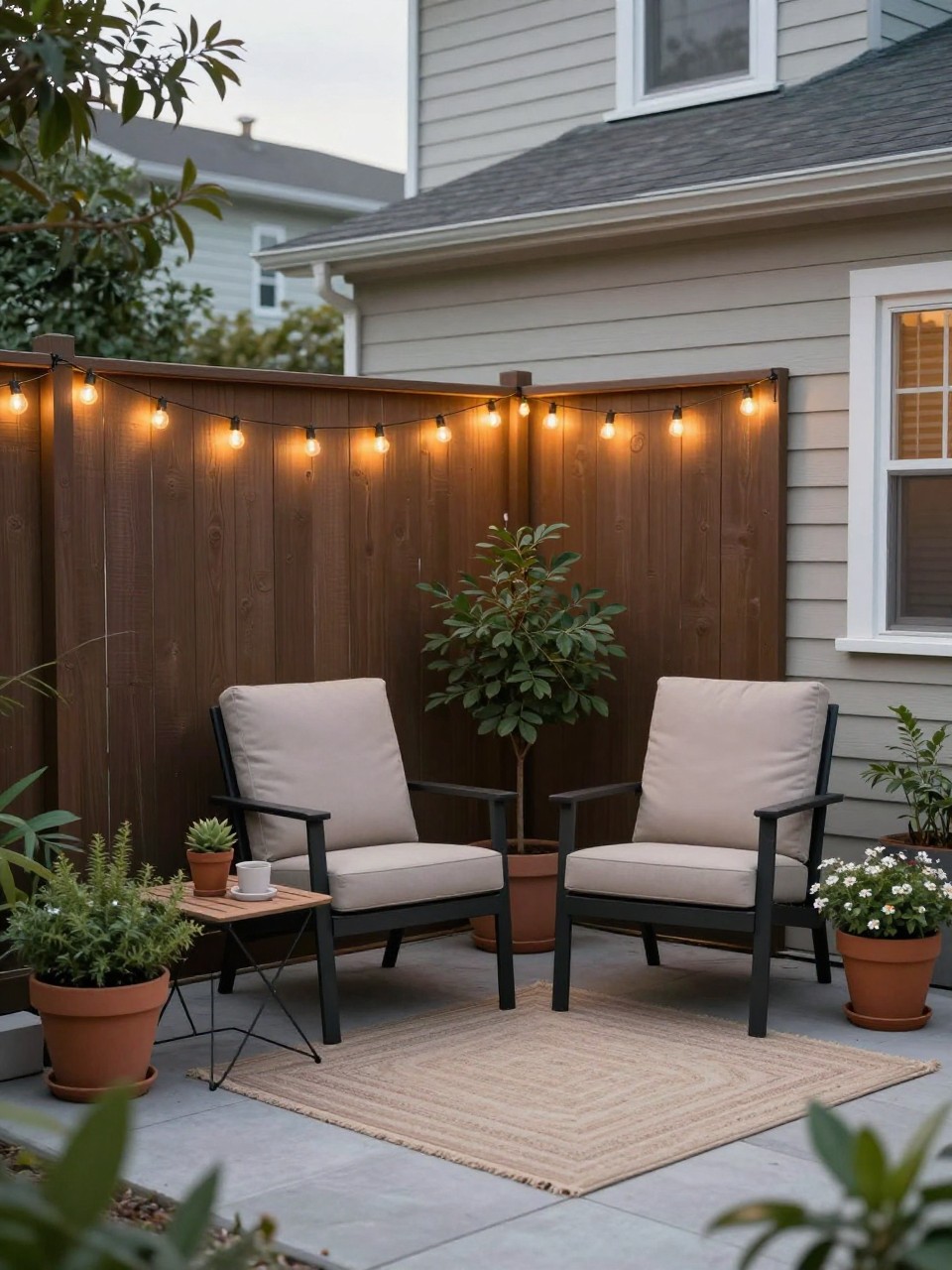Image Prompt: A cozy townhome backyard reading nook with one comfortable outdoor chair, small side table, potted plants, privacy screen, outdoor rug, warm string lights, calm compact garden corner, realistic DSLR photo quality, no people, no watermarks on images.