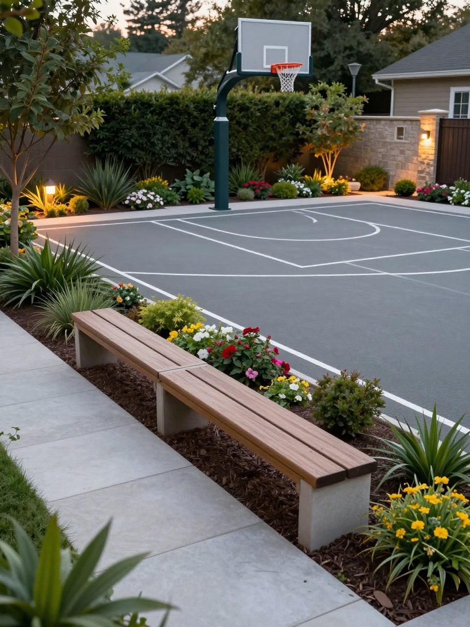 Image Prompt: A beautiful backyard sport court with a low garden border and simple bench seating along the edge, basketball hoop, smooth court surface, flower beds, shrubs, warm outdoor lighting, family-friendly and stylish landscape design, realistic DSLR photo quality, no people, no watermarks on images.