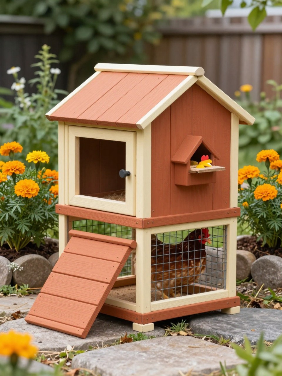 Image Prompt: A colorful small DIY chicken coop painted warm terracotta with cream trim, small ramp, cute side nesting box, secure wire run, chickens inside, surrounded by marigolds, herbs, and garden stepping stones, cheerful backyard setting, bright natural light, charming but practical coop design, no people, no text, no watermark.