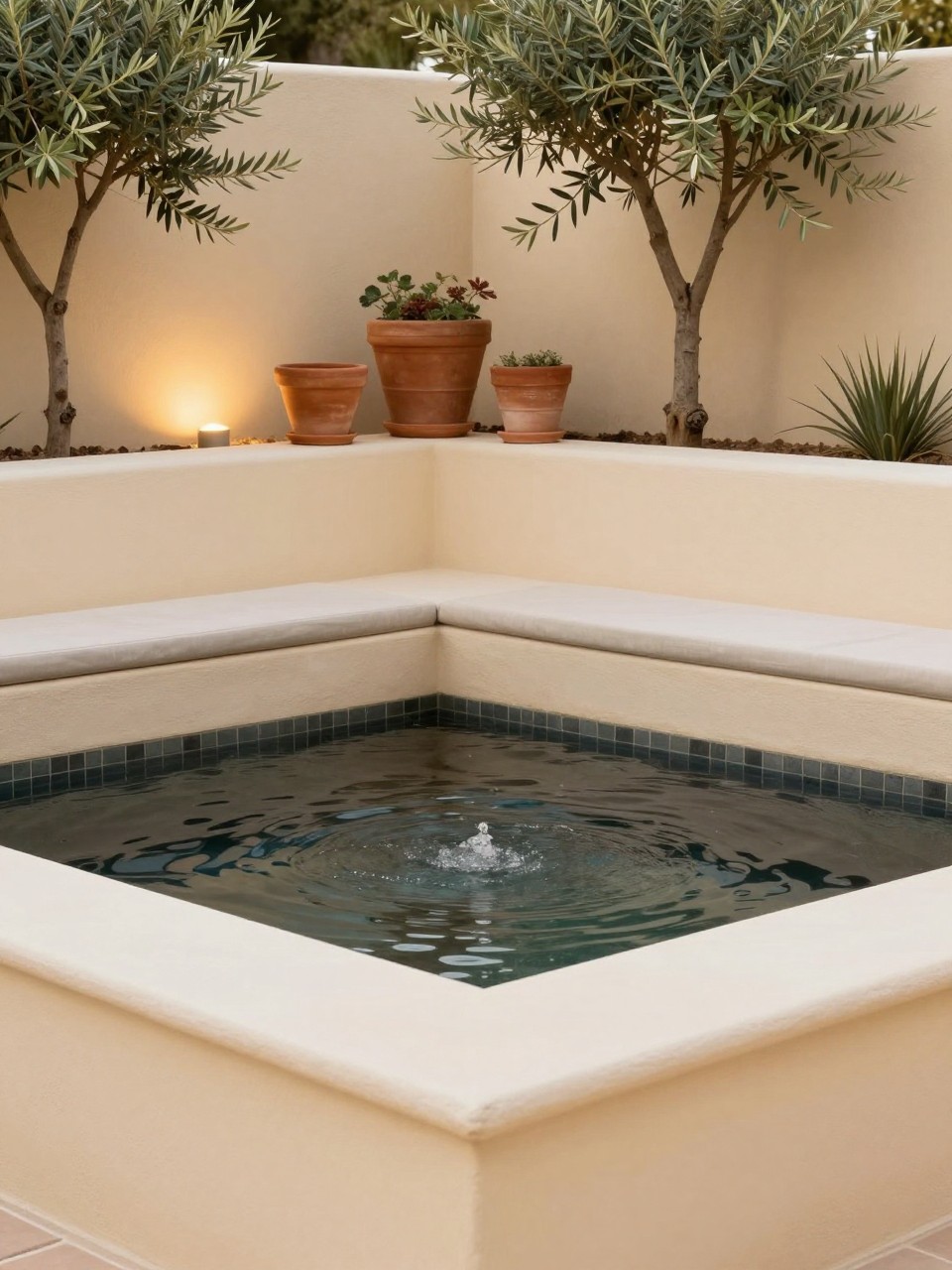 Image Prompt: A premium raised garden pond with smooth rendered walls in warm cream tones, dark water surface, built-in edge seating, terracotta pots, olive trees, soft outdoor lighting, elegant Mediterranean-modern garden design, realistic DSLR photo quality, no people, no watermarks on images.