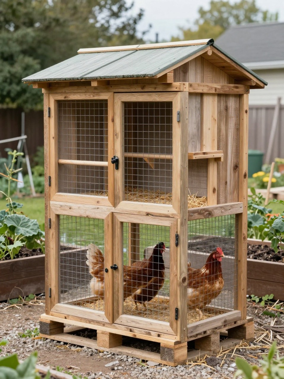 Image Prompt: A small walk-in chicken coop made from reclaimed pallet wood, tall enough to enter, full-size wooden door, secure wire run, sloped roof, nesting boxes along one wall, roosting bars inside, chickens on straw and gravel, backyard homestead setting with raised garden beds nearby, practical rustic design, no people, no text, no watermark.