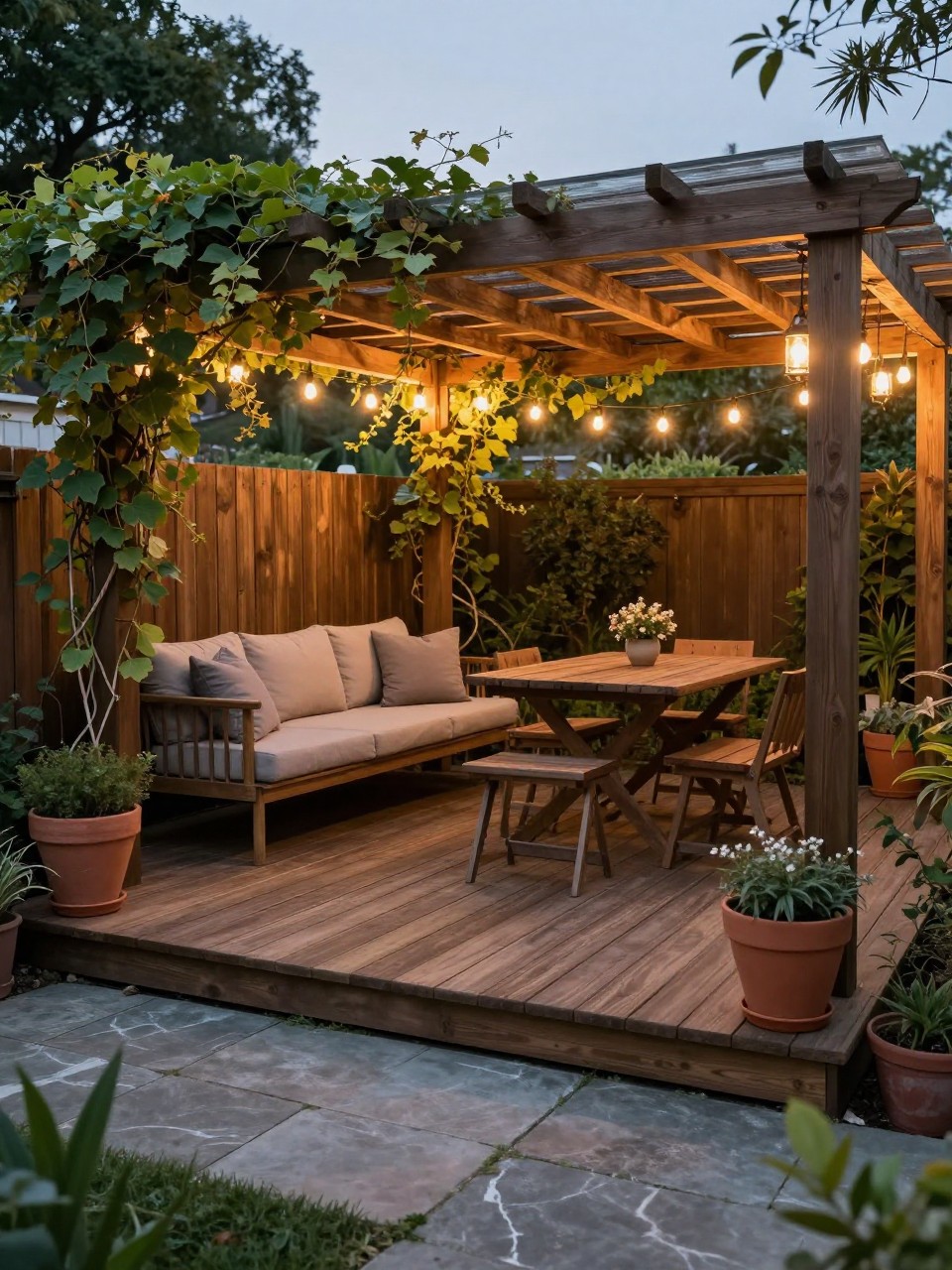 Image Prompt: A cozy backyard with a wooden deck and adjoining stone patio covered partly by a wood pergola, outdoor sofa under the pergola, dining table on the deck, climbing vines, string lights, terracotta pots, warm evening light, inviting garden patio design, no people, realistic DSLR photo, no text, no watermarks on images.