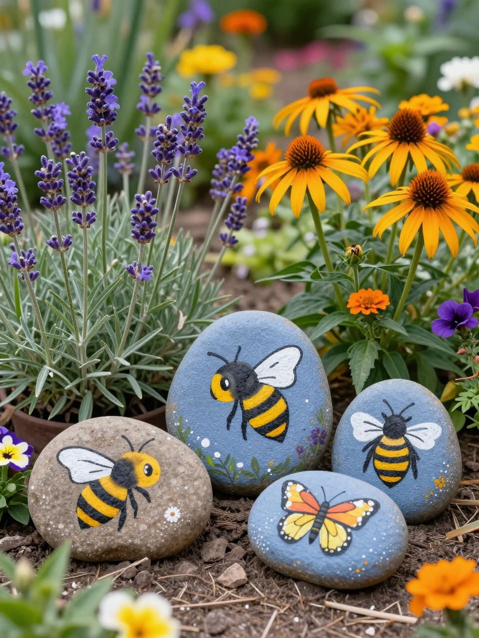Image Prompt: A cheerful pollinator garden border with painted rocks shaped and decorated like bees and butterflies, surrounded by lavender, salvia, coneflowers, marigolds, lush colorful flowers, nature-friendly garden styling, realistic DSLR photo quality, no people, no watermarks on images.