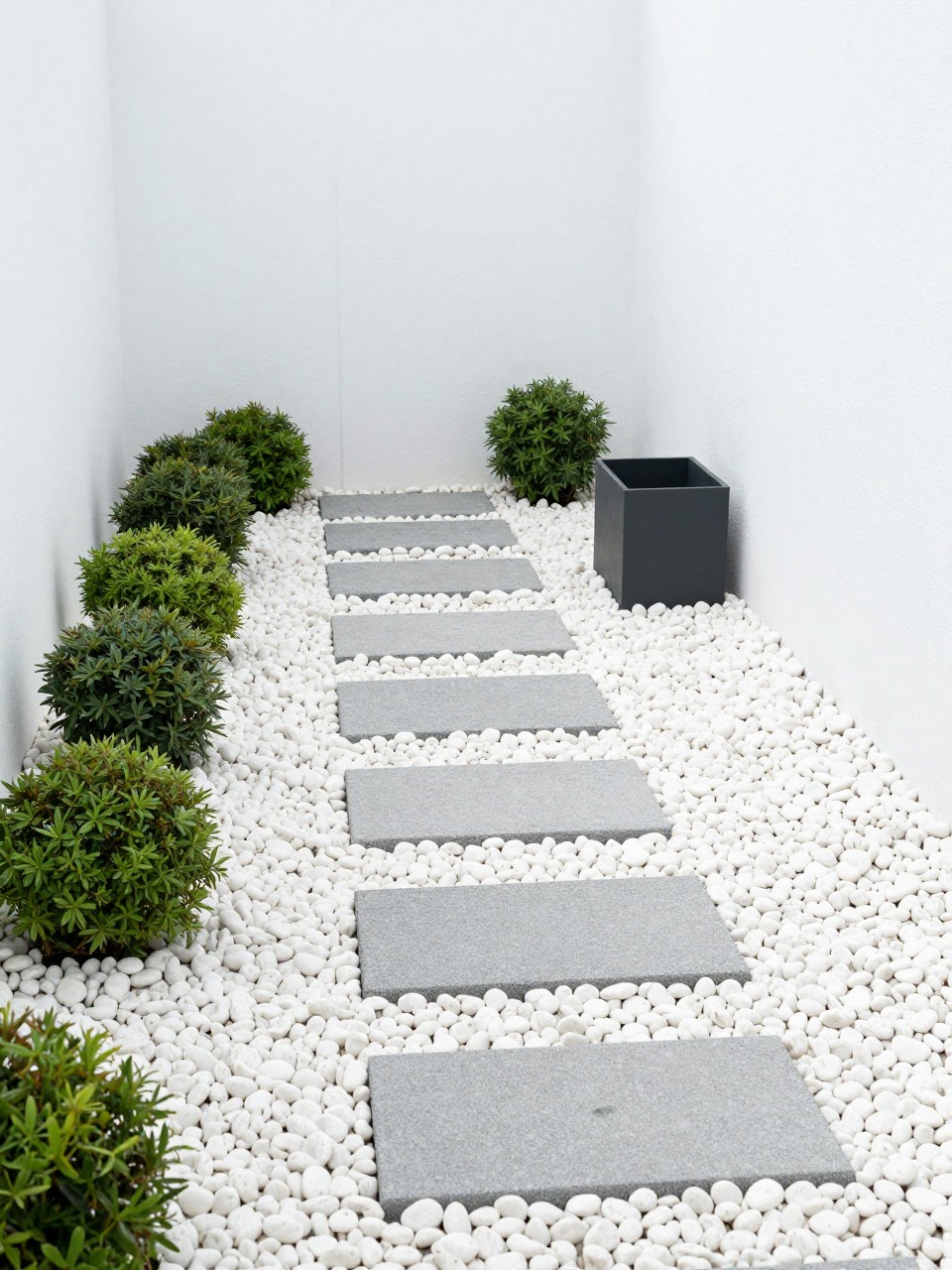 Image Prompt: A minimal side yard pathway with smooth white pebbles, large stepping stones, simple green shrubs, matte black planters, clean modern home wall, bright and tidy compact garden design, realistic DSLR photo quality, no people, no watermarks on images.