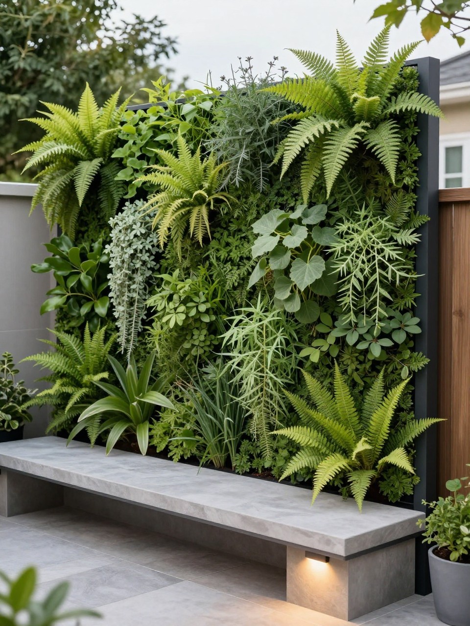 Image Prompt: A modern garden privacy screen designed as a vertical living wall, filled with ferns, trailing plants, herbs, and lush green textures, small patio seating below, stone floor, elegant outdoor lighting, fresh premium backyard design, realistic DSLR photo quality, no people, no watermarks on images.
