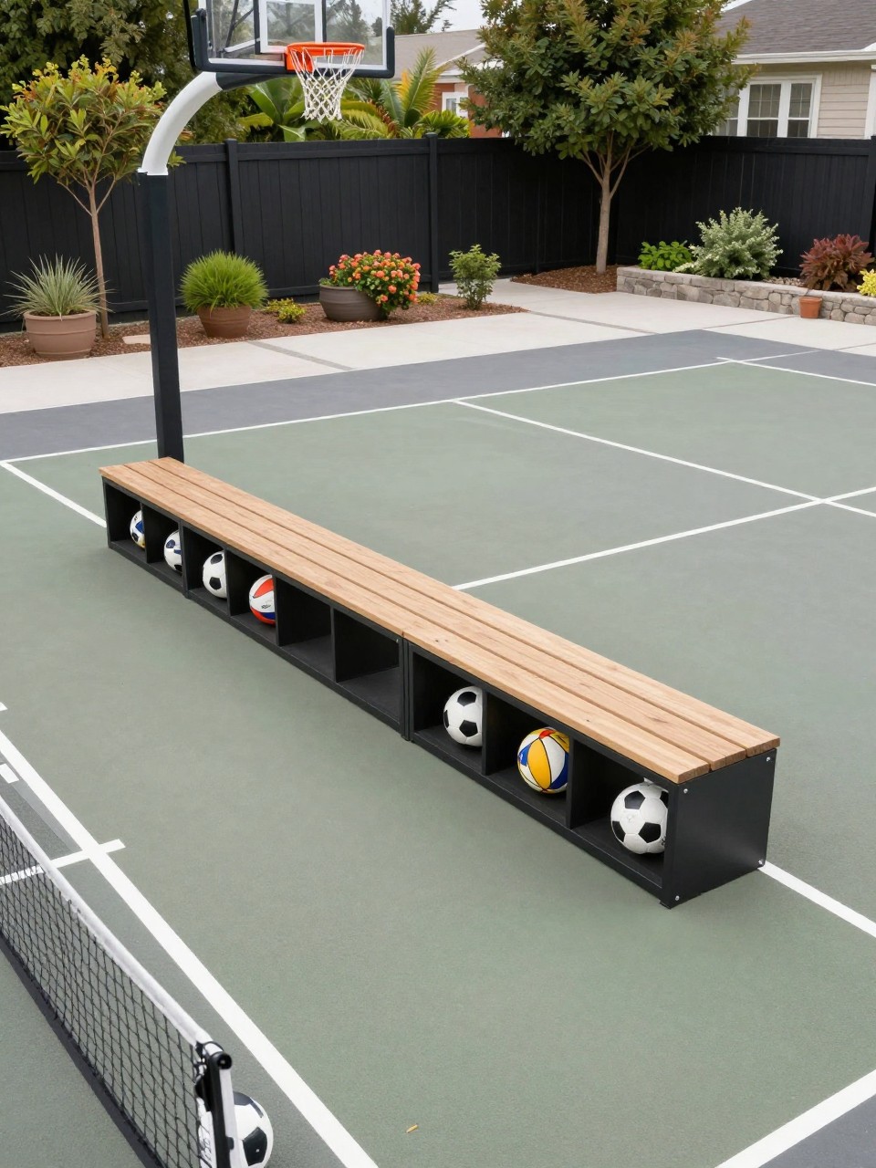 Image Prompt: A practical backyard multi-use sport court with a built-in storage bench along one side, basketball hoop, pickleball lines, sports balls tucked neatly in storage, planters and shrubs nearby, clean family-friendly outdoor design, realistic DSLR photo quality, no people, no watermarks on images.