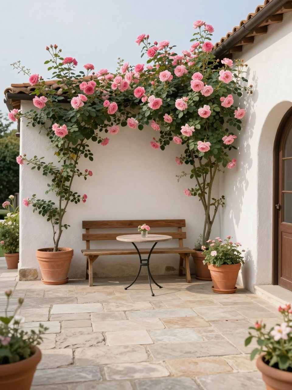 Image Prompt: A romantic Italian garden patio with pale stone pavers, white stucco walls, climbing pink roses, wooden bench, terracotta pots, small round table, soft afternoon sunlight, peaceful elegant backyard retreat, no people, realistic DSLR photo, no text, no watermarks on images.