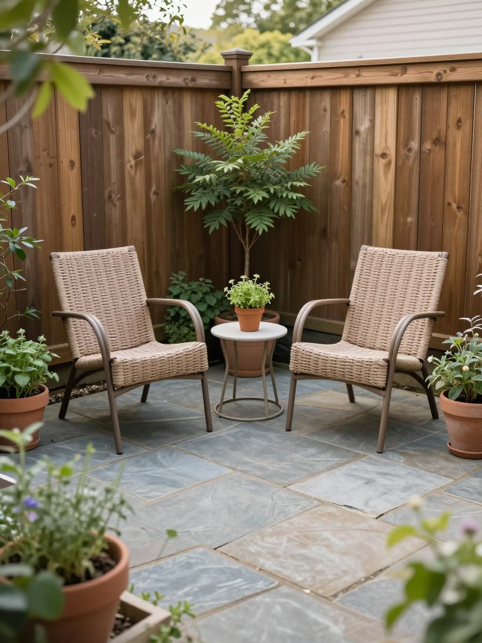 Image Prompt: A small backyard flagstone patio nook with two woven lounge chairs, tiny round side table, irregular stone floor, potted herbs, leafy plants, wooden fence backdrop, soft morning light, compact cozy garden seating corner, no people, realistic DSLR garden photo, no text, no watermarks on images.